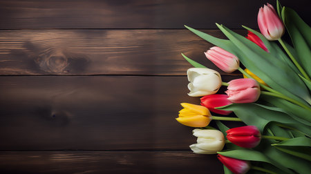Tulips Flowers on rustic table, International Womens Day, Birthday , Valentines Day or Mothers dayの素材