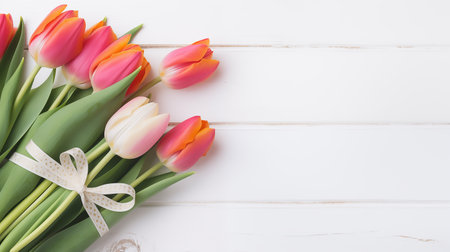 Tulips Flowers on rustic table, International Womens Day, Birthday , Valentines Day or Mothers dayの素材