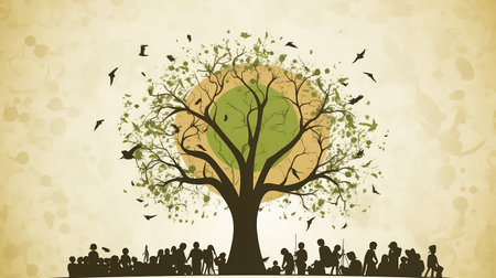 Silhouettes of people, family and beautiful tree with birds.の素材