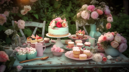Delicious cake with flowers, candles and cupcakes on a dining tableの素材