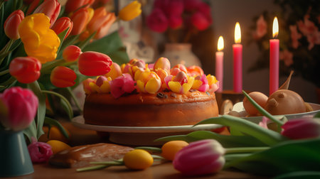 Delicious cake with flowers, candles and cupcakes on a dining tableの素材