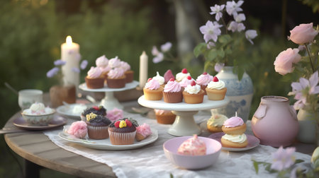 Delicious cake with flowers, candles and cupcakes on a dining tableの素材