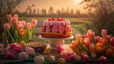 Delicious cake with flowers, candles and cupcakes on a dining tableの素材