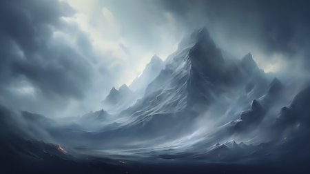 Fantasy epic magic mountain landscape. Mystical winter valley valley, Mountains landscape. Rural nature background.の素材