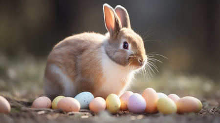rabbit sitting with easter eggs on green grass and green nature background. Easter bunny and Easter eggsの素材