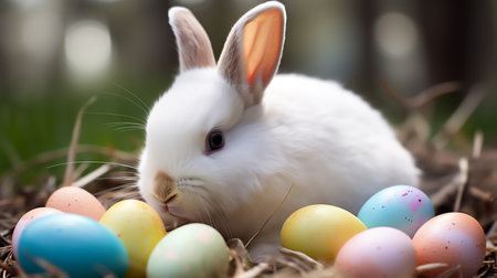 rabbit sitting with easter eggs on green grass and green nature background. Easter bunny and Easter eggsの素材