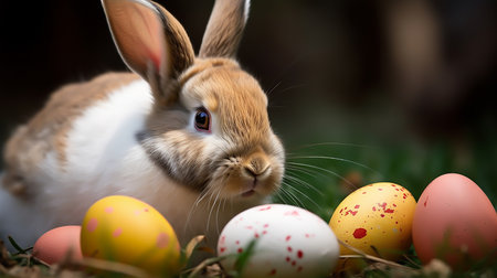 rabbit sitting with easter eggs on green grass and green nature background. Easter bunny and Easter eggsの素材