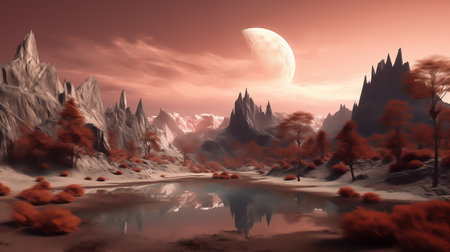 surreal landscape, mountain landscape with a river. beauty and serenity of natureの素材