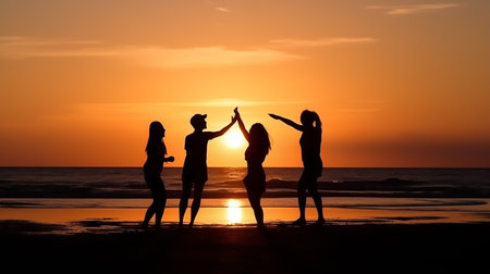 Silhouette of a happy friends play on beach at sunset in Summer.の素材