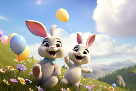 Happy Easter Cartoon,  Beautiful Easter rabbit with  colored balloonsの素材