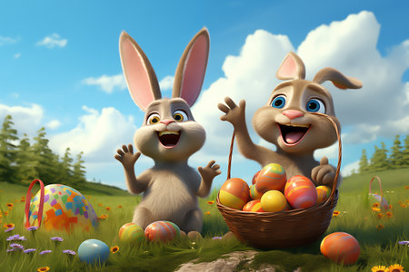 Happy Easter Cartoon,  Beautiful Easter rabbit with  colored eggsの素材