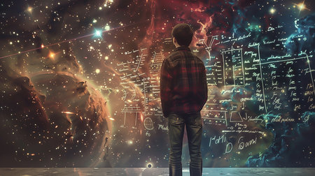 Mathematical and physical formulas against the background of a galaxy in universe. Space Background on the theme of science and education. Elements of this image furnishedの素材