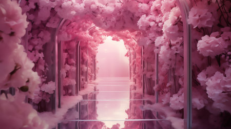 gloomy white tunnel with pink flowers and leaves, mirror rooms, saturated pigment pools, precise, detailed architecture paintingsの素材