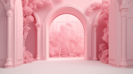 pink floral 3d background, in the style of dreamlike architecture, lightbox, arched doorwaysの素材
