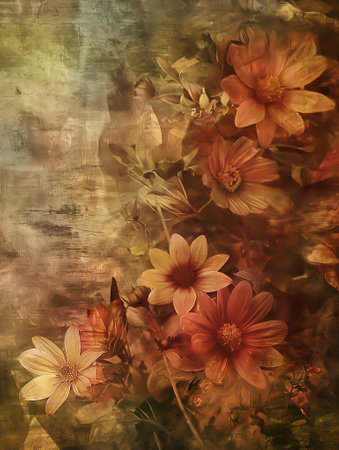 Vintage floral background with flowers and butterflies, grunge texture.の素材