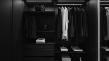 a minimalist wardrobe, monochrome clothes, perfect organizationの素材