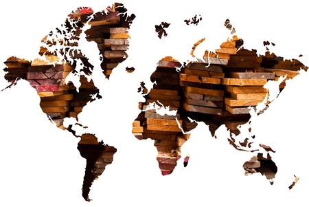 World map background with wood texture.