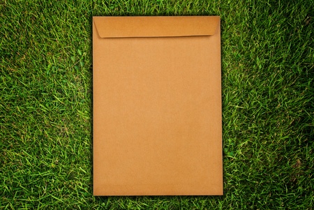 Brown letter on the grass field.の写真素材