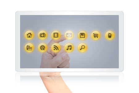 Hand pressing digital button on the white tablet isolate on the white.