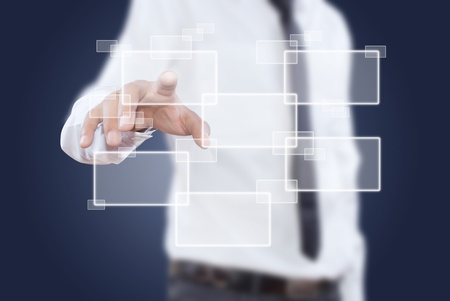 Asian businessman pushing button on the whiteboard.の写真素材