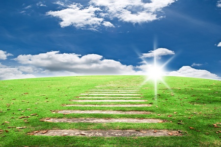 Walk way on the grass and blue sky field.の写真素材