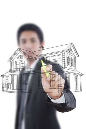 Asian man drawing house plan on the white board.の写真素材