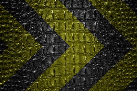 Yellow and black warning sign on crocodile skin.