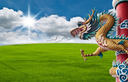 Dragon statue with the blue sky field.の写真素材