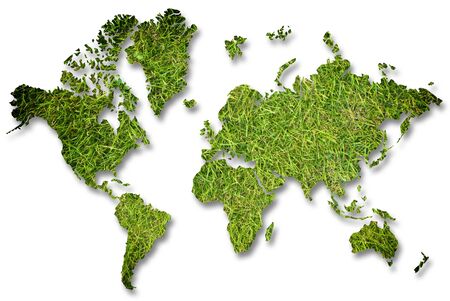 World map on green grass texture background field.の写真素材