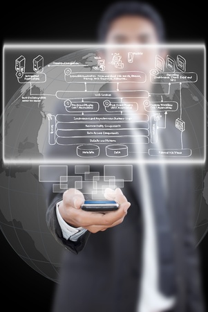 Businessman putting mobile phone with web service diagram.の写真素材