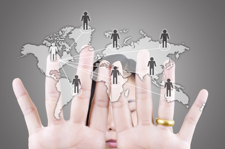 Lady finger pushing Social Network.の写真素材