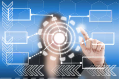 Business lady pushing digital button on touch screen interface 