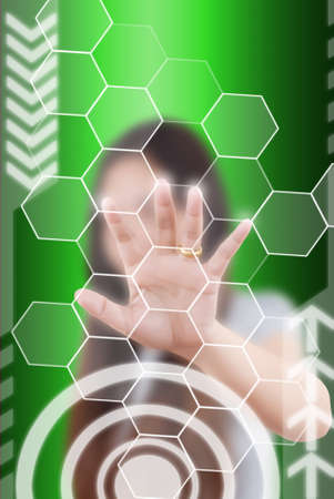 Business lady pushing digital button on touch screen interface の写真素材