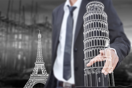 Businessman pushing Pisa Tower line  in Italy for construction の写真素材