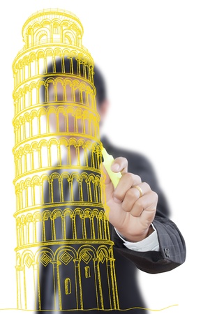 Businessman drawing Pisa Tower line  in Italy for construction の写真素材