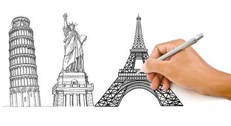 Hand drawing Pisa Tower, Eiffel Tower and Statue of Liberty line for construction の写真素材