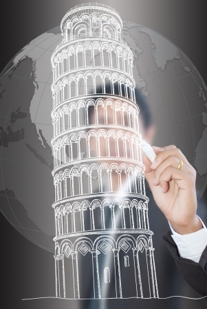 Businessman drawing Pisa Tower line  in Italy for construction の写真素材