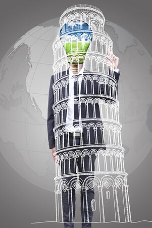 Businessman pushing Pisa Tower line  in Italy for construction の写真素材