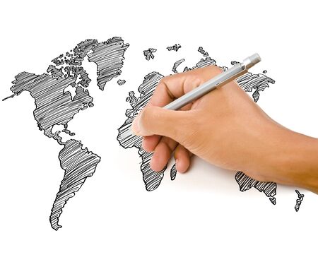Hand Drawing World Map Globe line on the whiteboard 