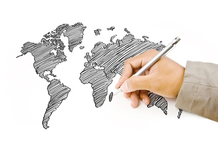 Hand Drawing World Map Globe line on the whiteboard の写真素材