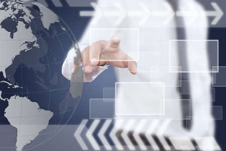 Businessman pushing digital button on touch screen interface 