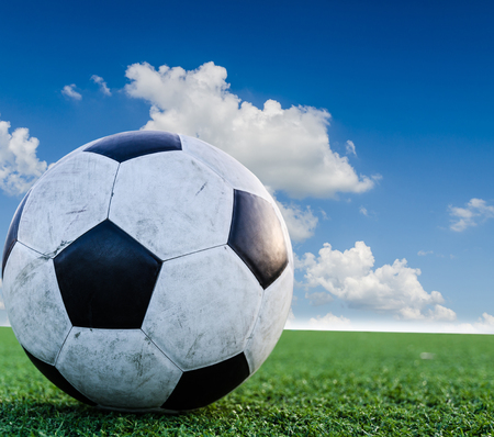 Soccer Football on the Green Grass Texture in Soccer Field with Sky の写真素材