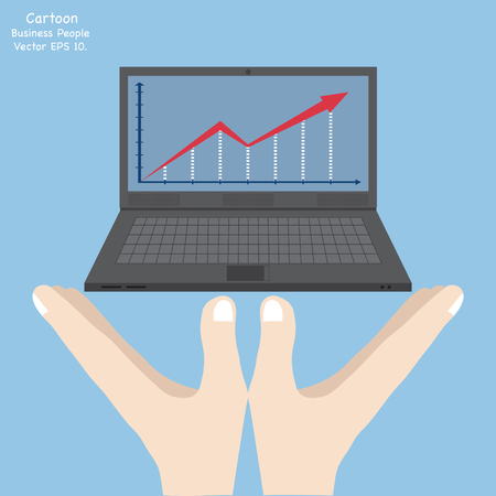 Concept of Business cartoon hand holding laptop, Vector Illustration EPS 10.のイラスト素材