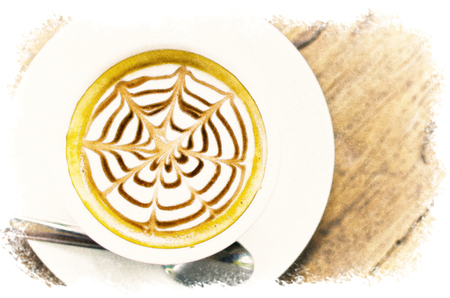 Watercolour Painting of Coffee cup on the wood texture.の写真素材