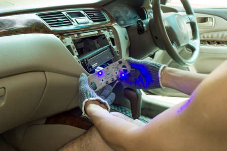 Repairing car front panel, New T5 LED Light blue color, Car service.の写真素材