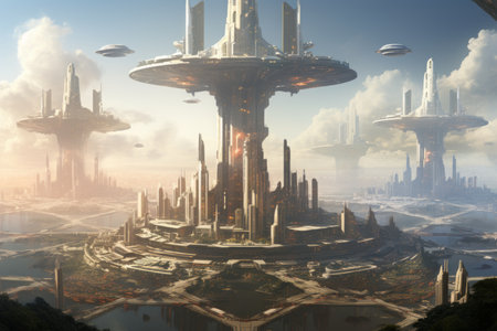 Fantasy alien planet. 3d illustration. Futuristic city.の素材