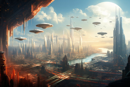 Futuristic city with flying saucers. 3d renderingの素材