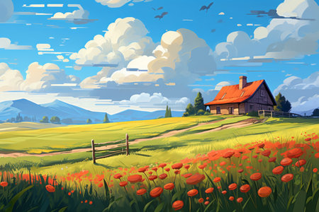Wooden house in the field with red poppies. Vector illustrationの素材