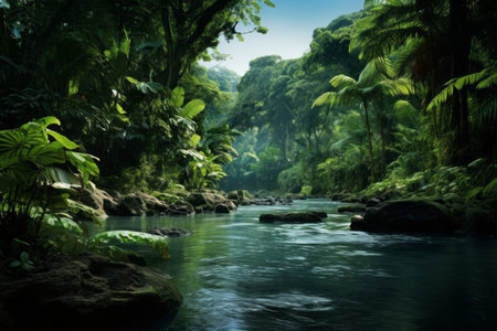 River in rainforest. Beautiful nature scene with river and trees.の素材