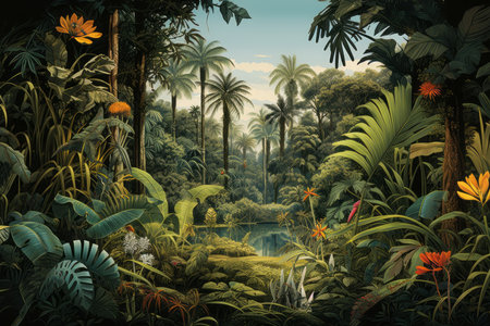Fantasy landscape with tropical plants and pond. 3d render illustrationの素材